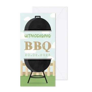 Uitnodiging BBQ met barbecue, hekje en wolken